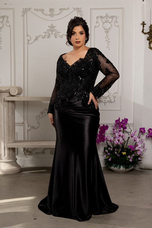 Sequin Long Sleeve Sheath Evening Gown Formal Dress with Illusion Lace Back by May Queen MQ2204