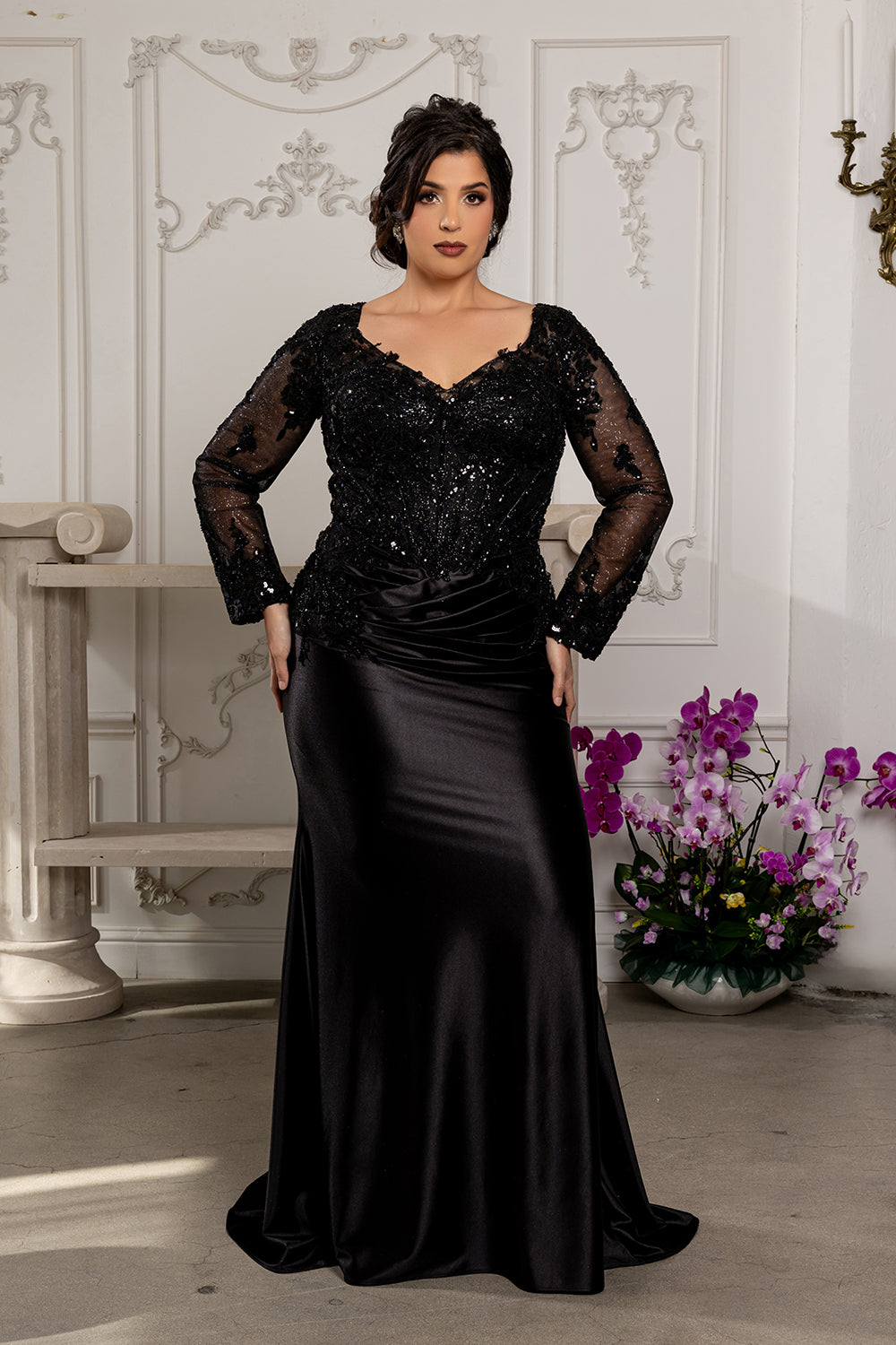 Sequin Long Sleeve Sheath Evening Gown Formal Dress with Illusion Lace Back by May Queen MQ2204
