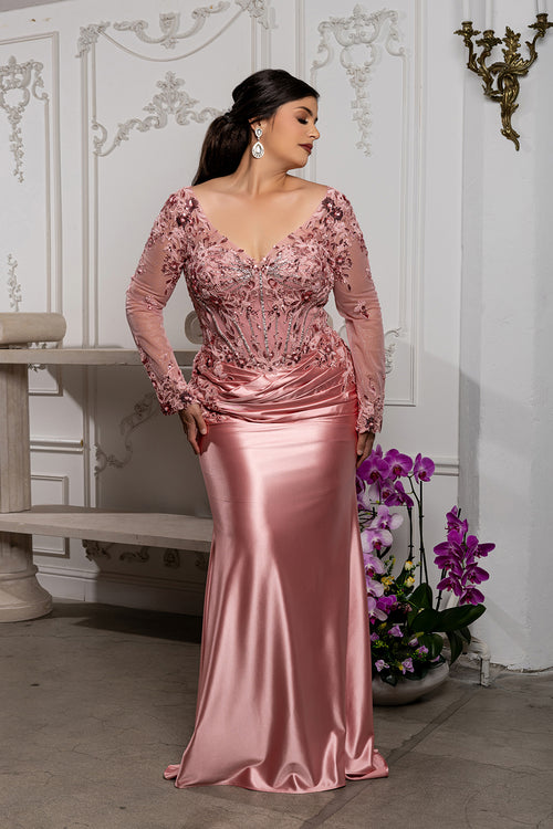 Sequin Long Sleeve Sheath Evening Gown Formal Dress with Illusion Lace Back by May Queen MQ2204