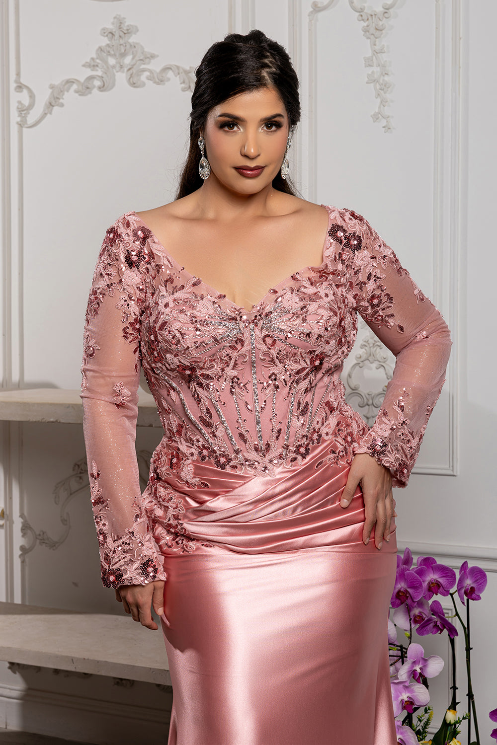 Sequin Long Sleeve Sheath Evening Gown Formal Dress with Illusion Lace Back by May Queen MQ2204