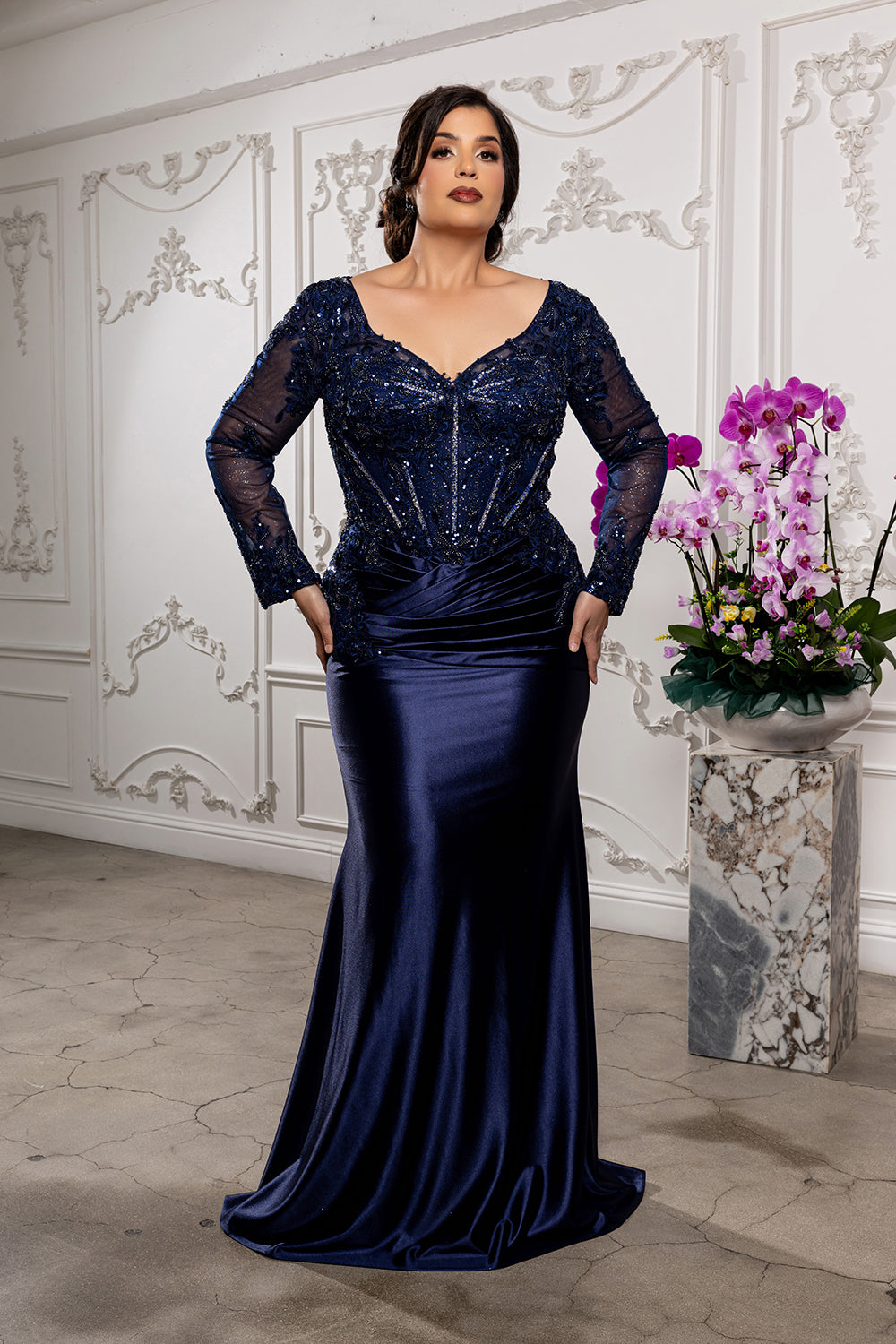 Sequin Long Sleeve Sheath Evening Gown Formal Dress with Illusion Lace Back by May Queen MQ2204