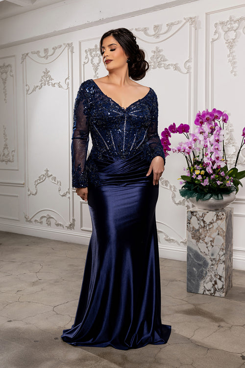Sequin Long Sleeve Sheath Evening Gown Formal Dress with Illusion Lace Back by May Queen MQ2204