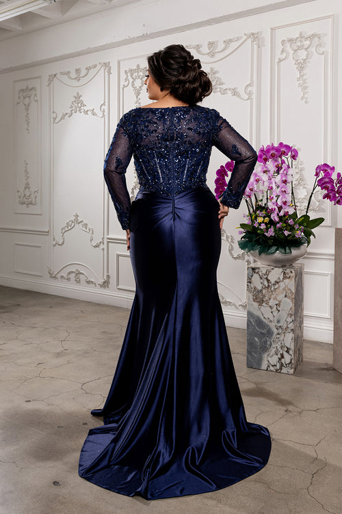Sequin Long Sleeve Sheath Evening Gown Formal Dress with Illusion Lace Back by May Queen MQ2204