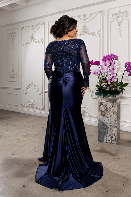 Sequin Long Sleeve Sheath Evening Gown Formal Dress with Illusion Lace Back by May Queen MQ2204