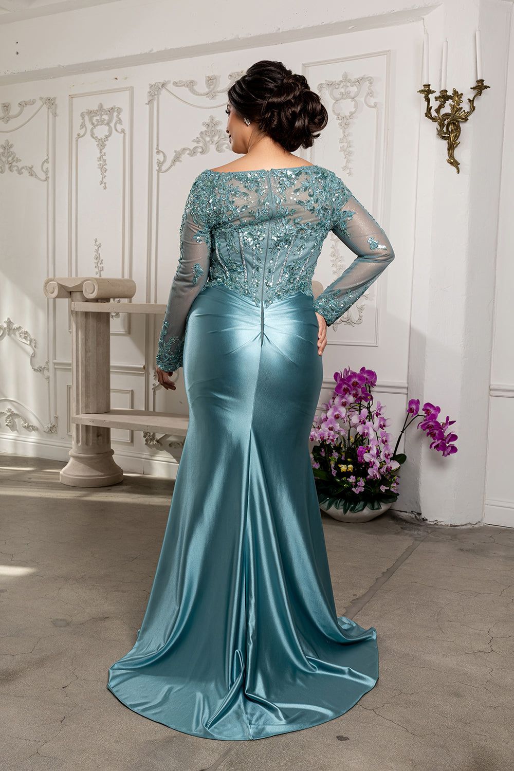 Sequin Long Sleeve Sheath Evening Gown Formal Dress with Illusion Lace Back by May Queen MQ2204