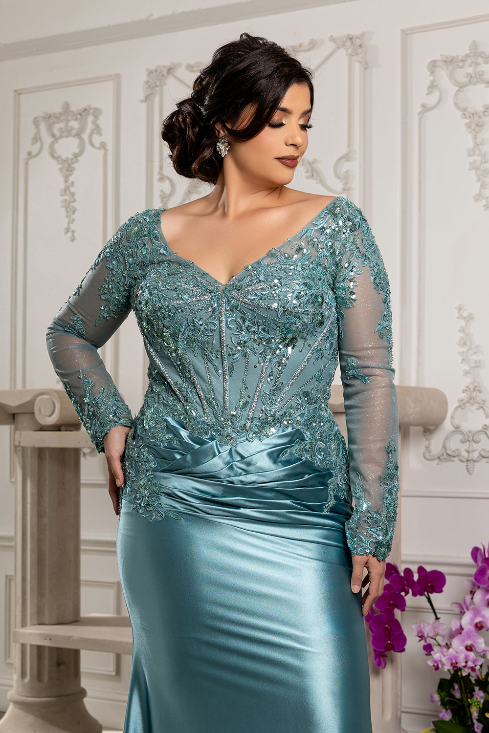 Sequin Long Sleeve Sheath Evening Gown Formal Dress with Illusion Lace Back by May Queen MQ2204