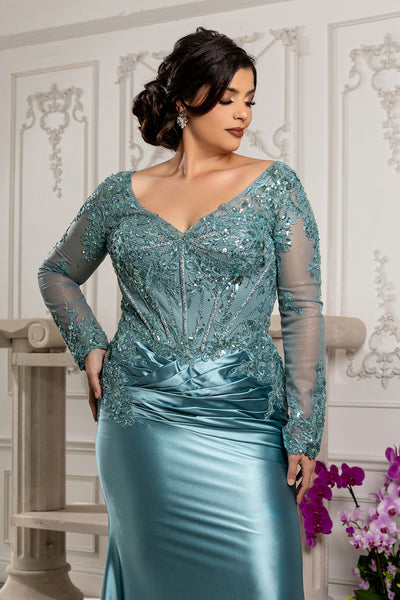 Sequin Long Sleeve Sheath Evening Gown Formal Dress with Illusion Lace Back by May Queen MQ2204