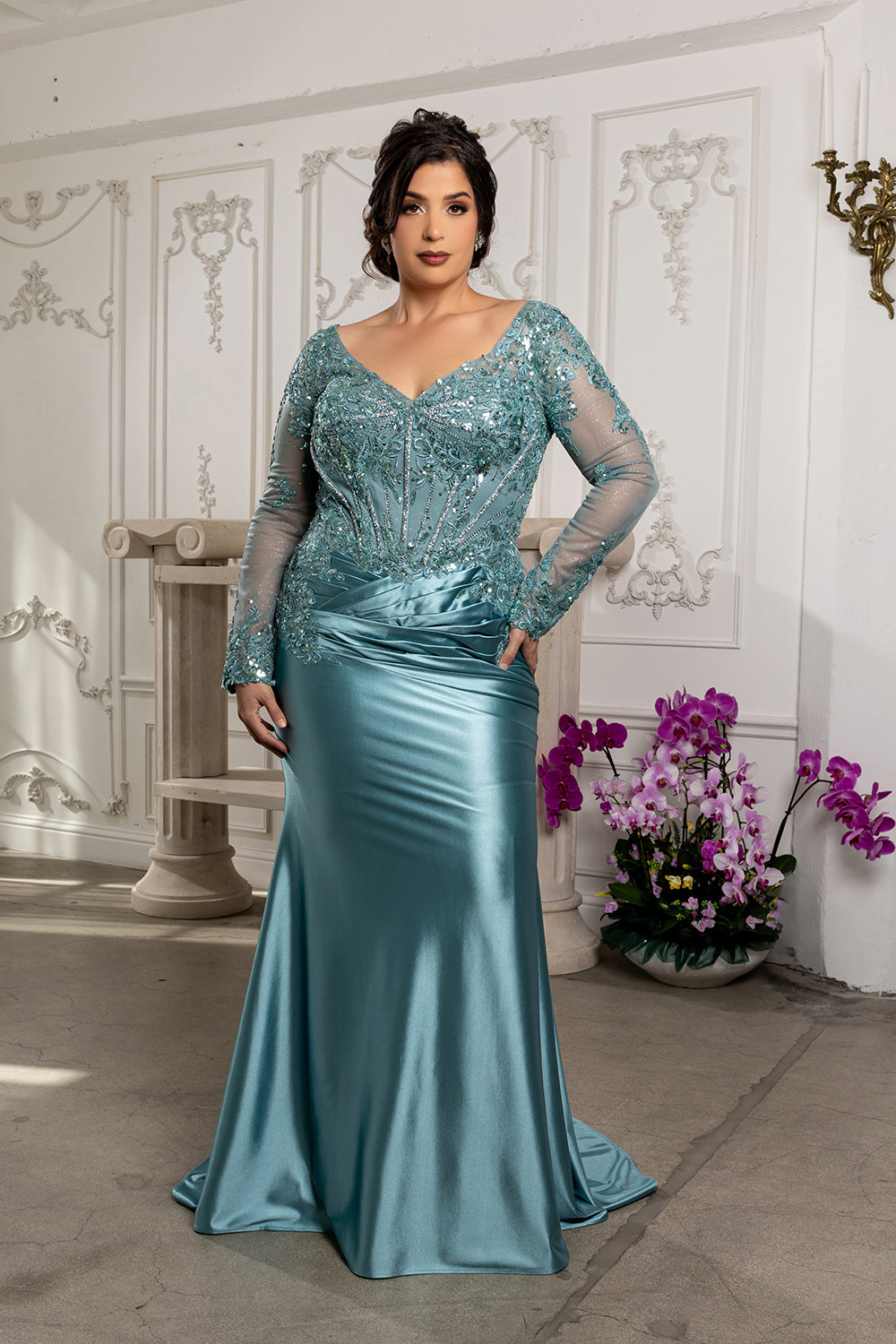 Sequin Long Sleeve Sheath Evening Gown Formal Dress with Illusion Lace Back by May Queen MQ2204