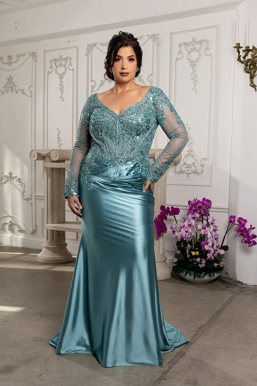Sequin Long Sleeve Sheath Evening Gown Formal Dress with Illusion Lace Back by May Queen MQ2204