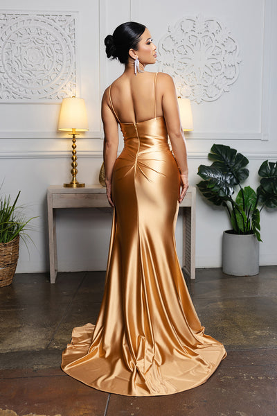 Deep V-Neck Spaghetti Strap Satin Sheath High Slit Floor-Length Evening Gown by May Queen MQ2205
