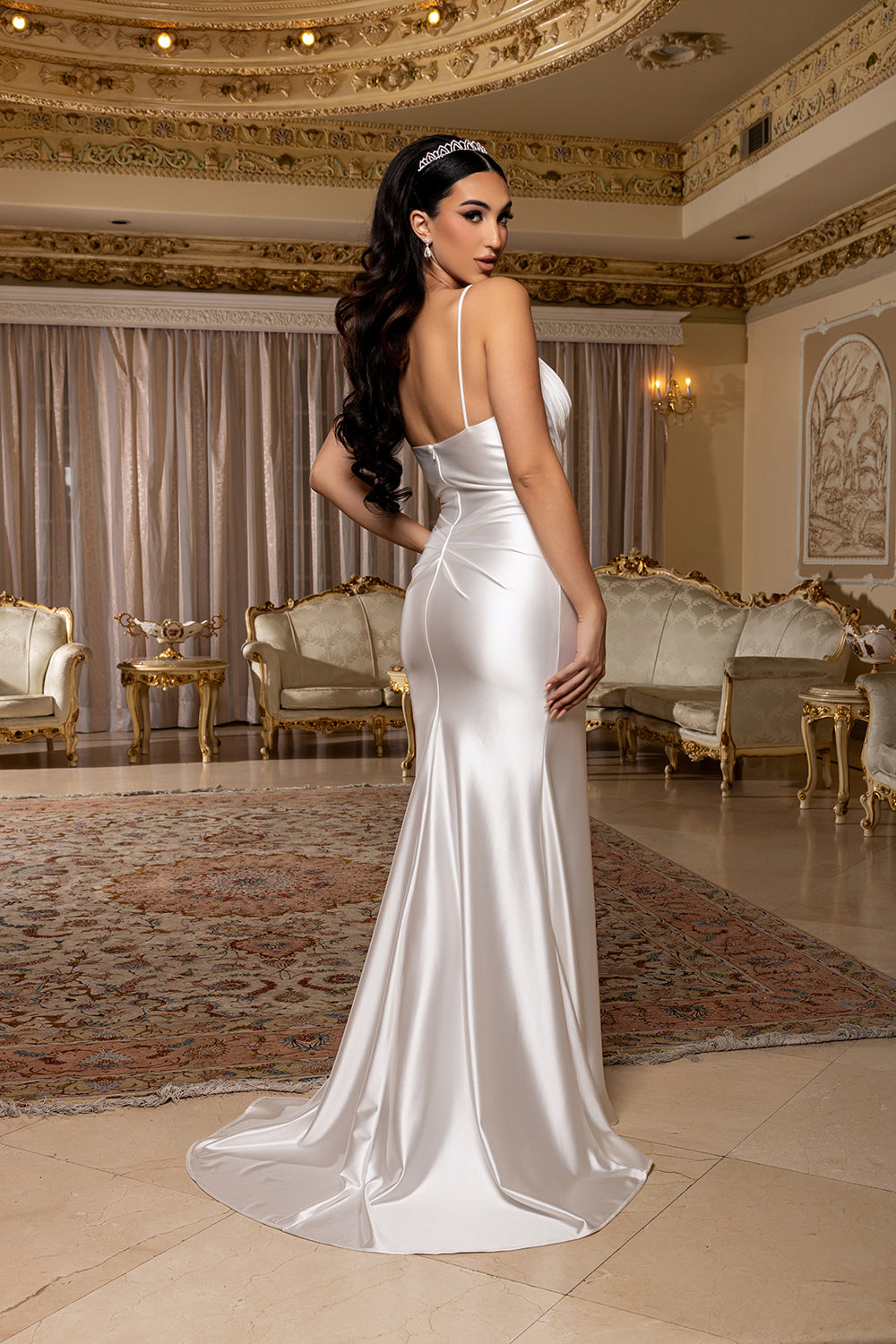 Deep V-Sweetheart Spaghetti Strap Draped Stretch Satin Sheath Bridal Gown by May Queen MQ2205