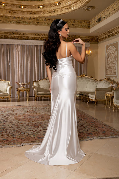 Deep V-Sweetheart Spaghetti Strap Draped Stretch Satin Sheath Bridal Gown by May Queen MQ2205
