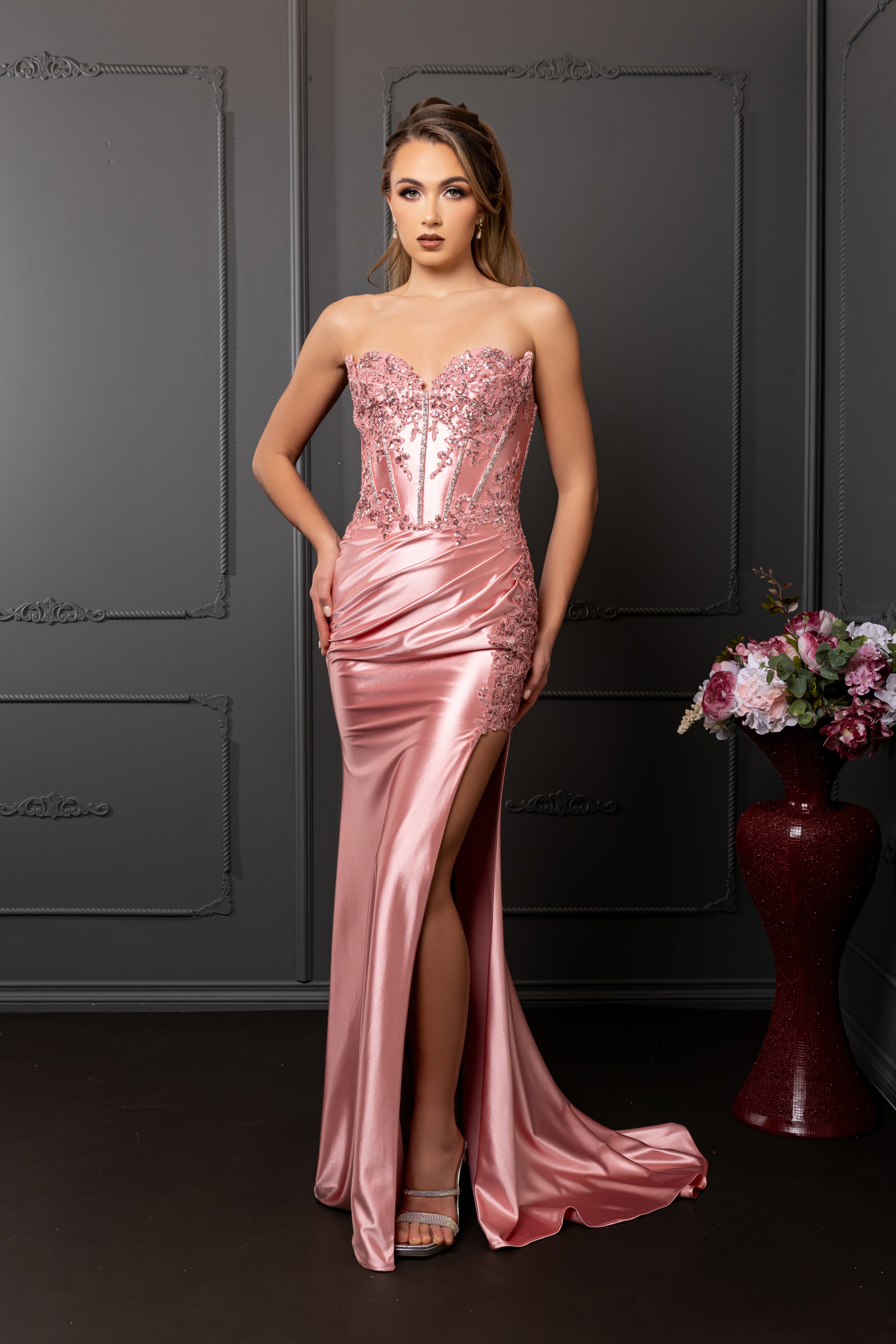 Strapless Beaded Corset Satin Evening Gown with High Slit Prom Dress by May Queen MQ2207