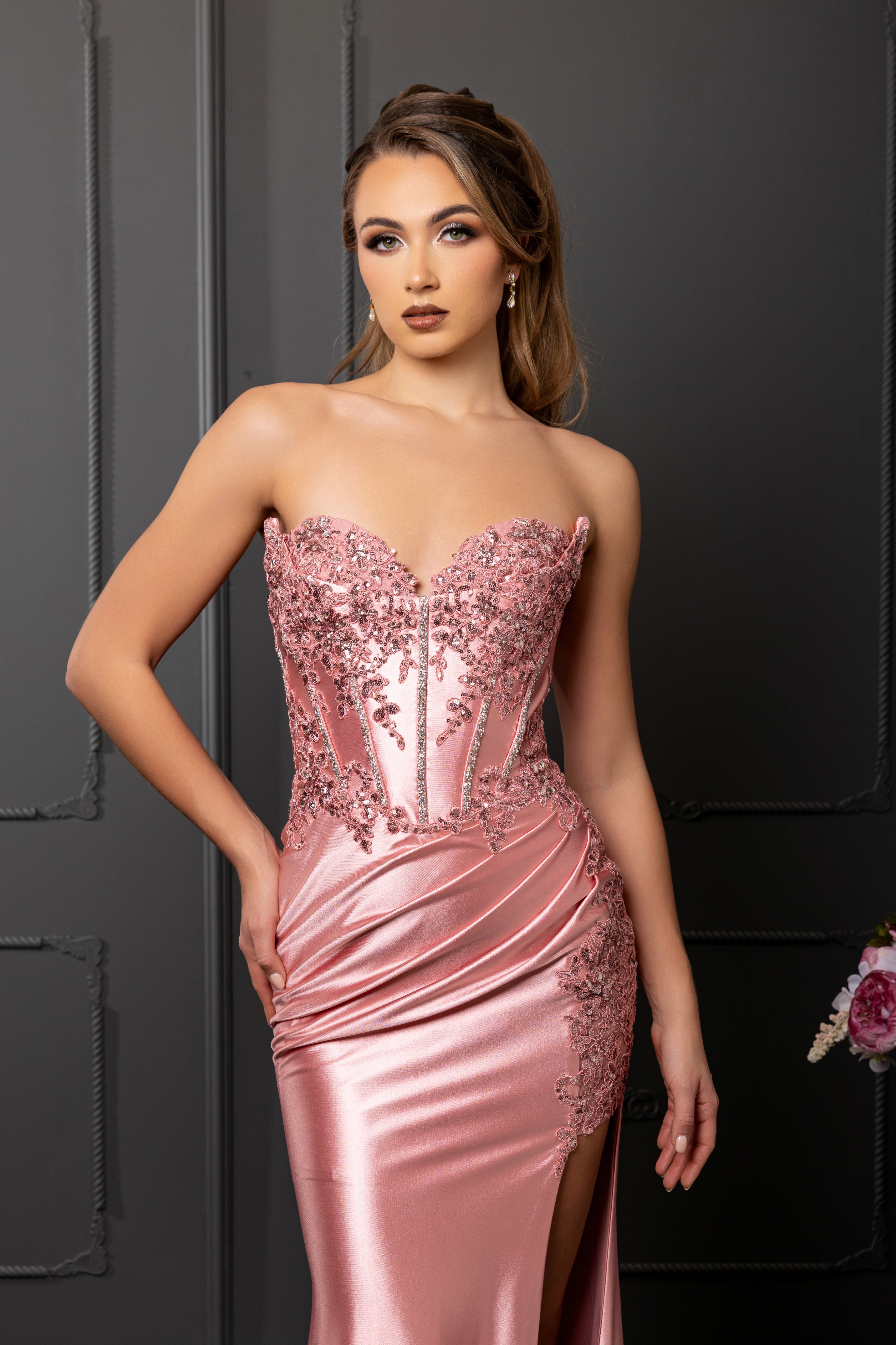 Strapless Beaded Corset Satin Evening Gown with High Slit Prom Dress by May Queen MQ2207