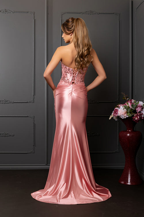 Strapless Beaded Corset Satin Evening Gown with High Slit Prom Dress by May Queen MQ2207