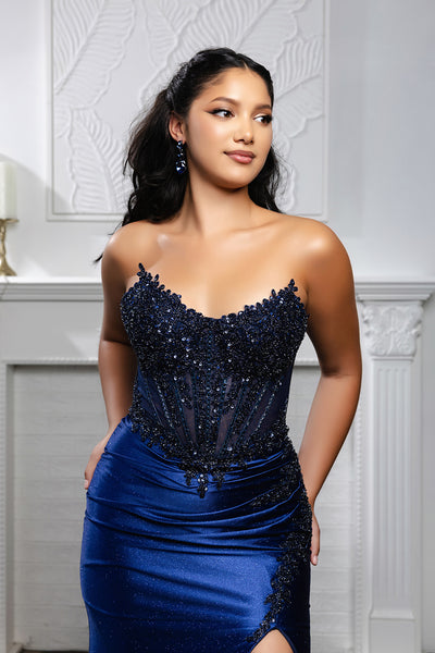 Strapless Beaded Corset Satin Evening Gown with High Slit Prom Dress by May Queen MQ2207