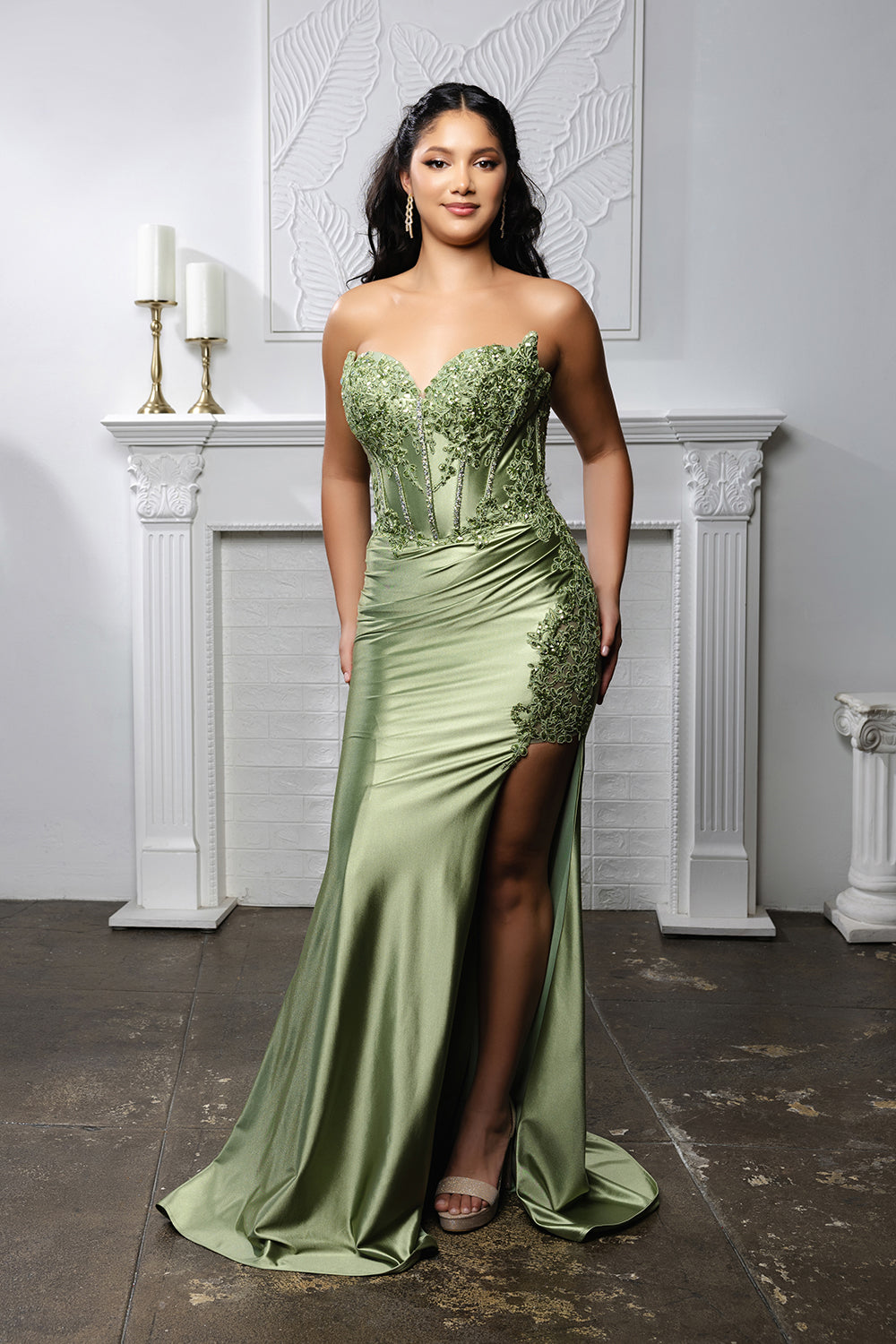 Strapless Beaded Corset Satin Evening Gown with High Slit Prom Dress by May Queen MQ2207