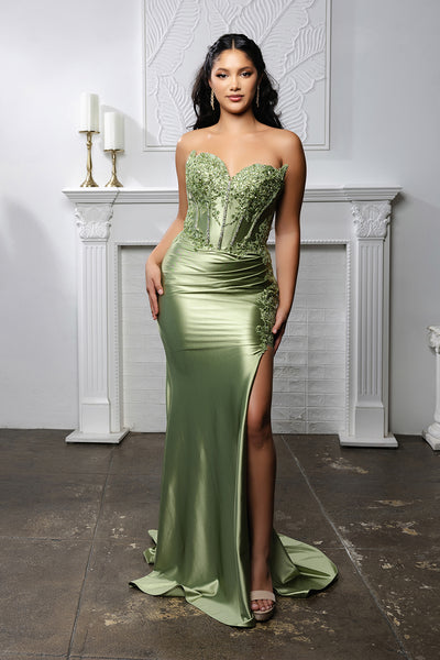 Strapless Beaded Corset Satin Evening Gown with High Slit Prom Dress by May Queen MQ2207