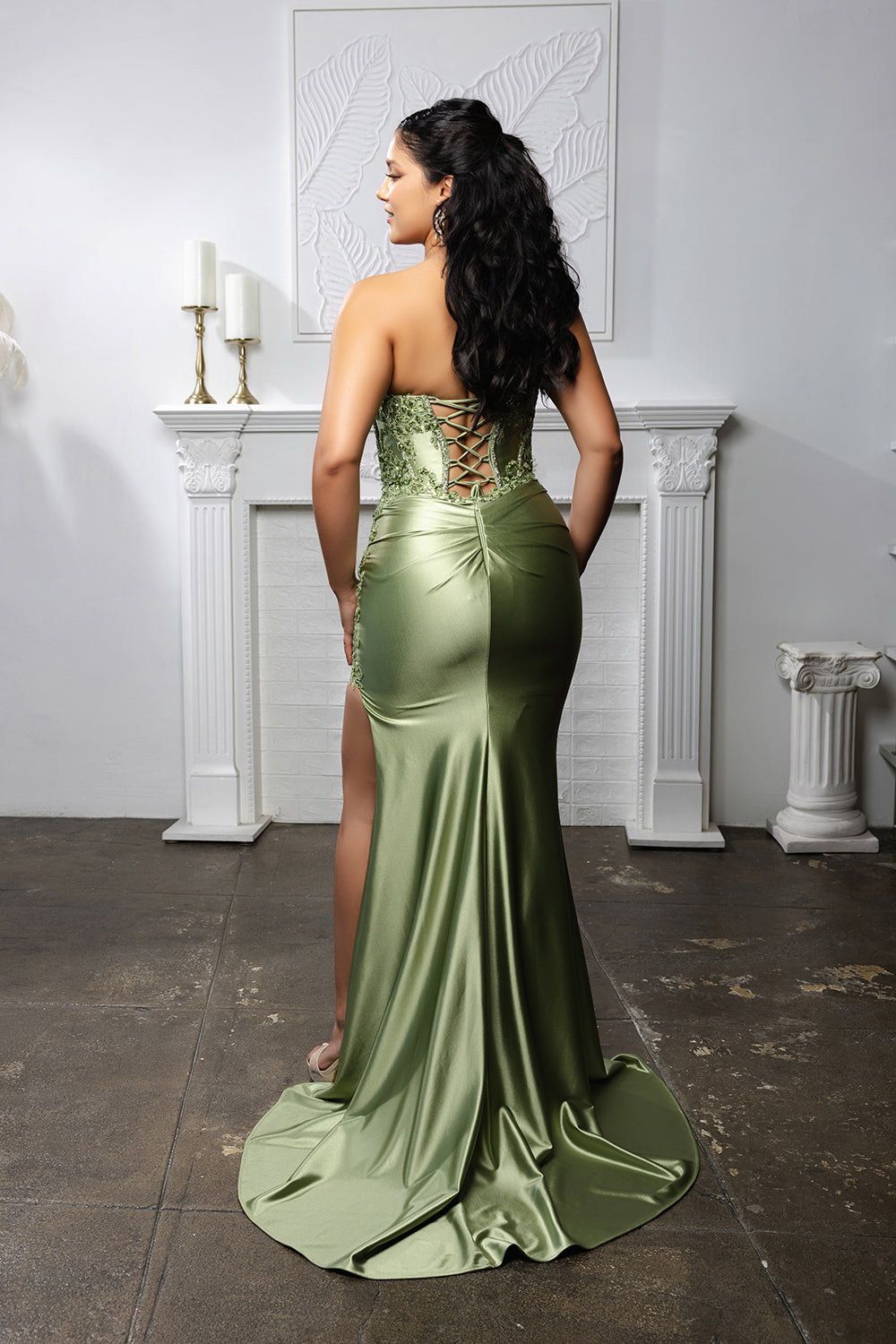 Strapless Beaded Corset Satin Evening Gown with High Slit Prom Dress by May Queen MQ2207