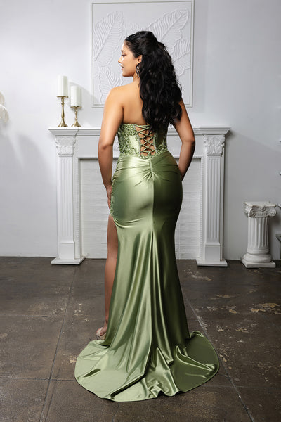 Strapless Beaded Corset Satin Evening Gown with High Slit Prom Dress by May Queen MQ2207