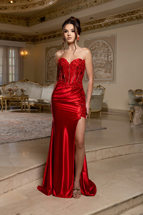 Strapless Beaded Corset Satin Evening Gown with High Slit Prom Dress by May Queen MQ2207