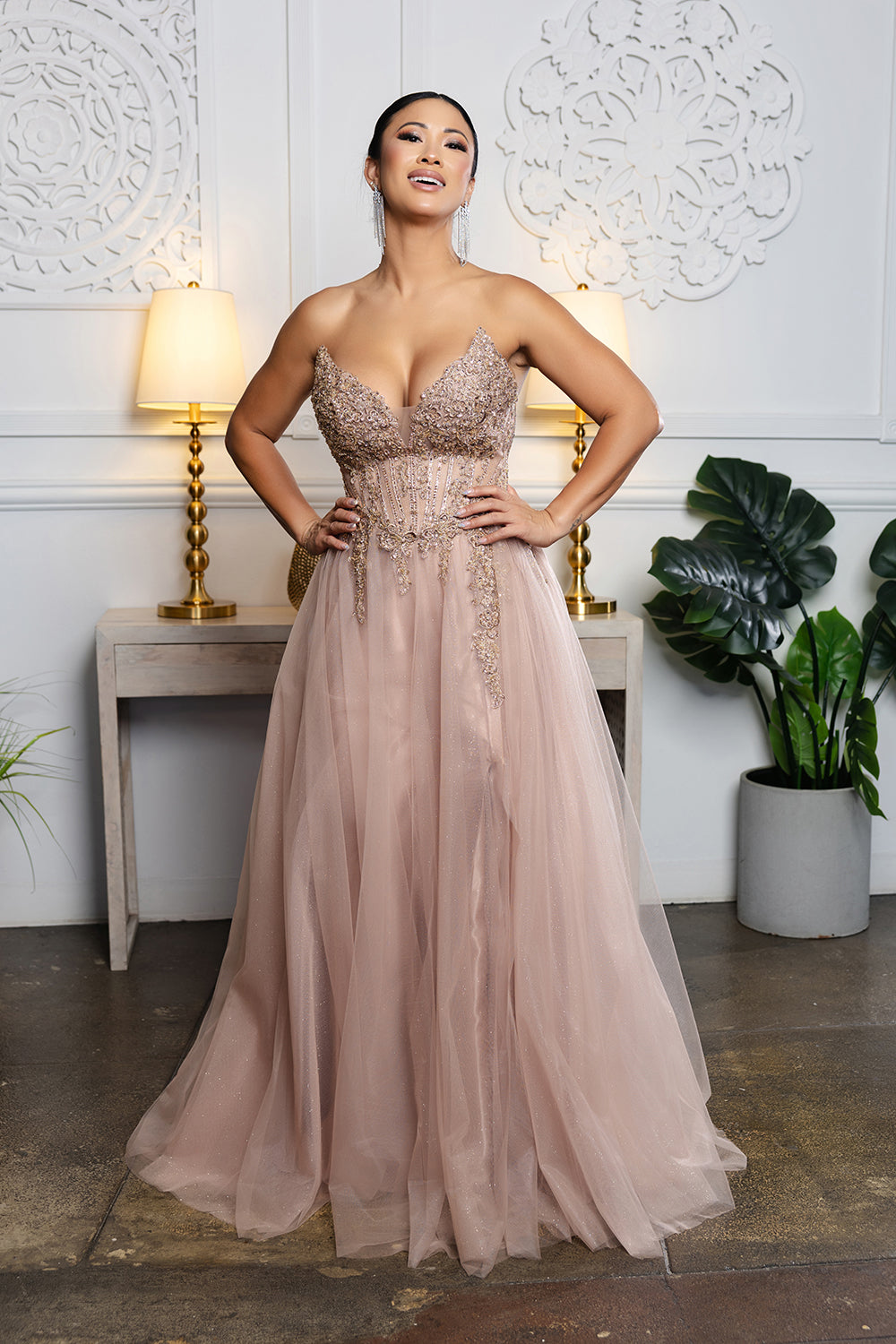 Elegant Beaded Corset Prom Dress with Tulle Skirt & Deep V-Neck Formal Gown by May Queen MQ2208