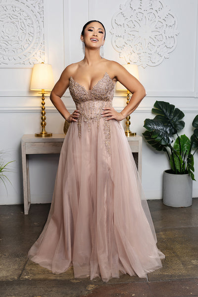 Elegant Beaded Corset Prom Dress with Tulle Skirt & Deep V-Neck Formal Gown by May Queen MQ2208