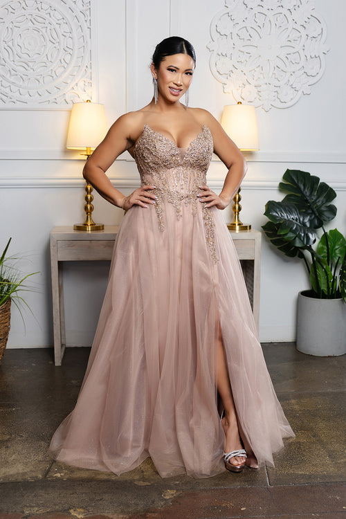 Elegant Beaded Corset Prom Dress with Tulle Skirt & Deep V-Neck Formal Gown by May Queen MQ2208