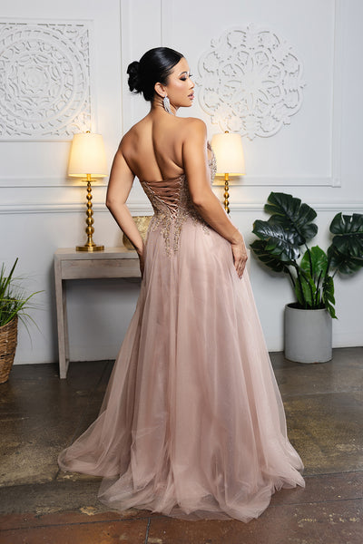 Elegant Beaded Corset Prom Dress with Tulle Skirt & Deep V-Neck Formal Gown by May Queen MQ2208