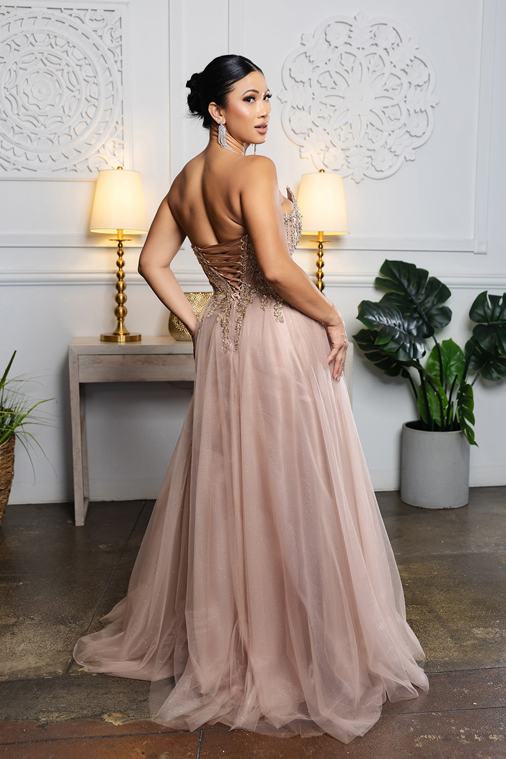 Elegant Beaded Corset Prom Dress with Tulle Skirt & Deep V-Neck Formal Gown by May Queen MQ2208