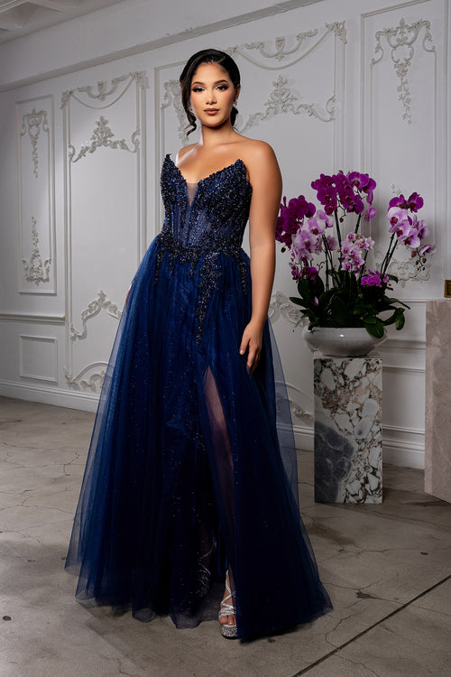 Elegant Beaded Corset Prom Dress with Tulle Skirt & Deep V-Neck Formal Gown by May Queen MQ2208
