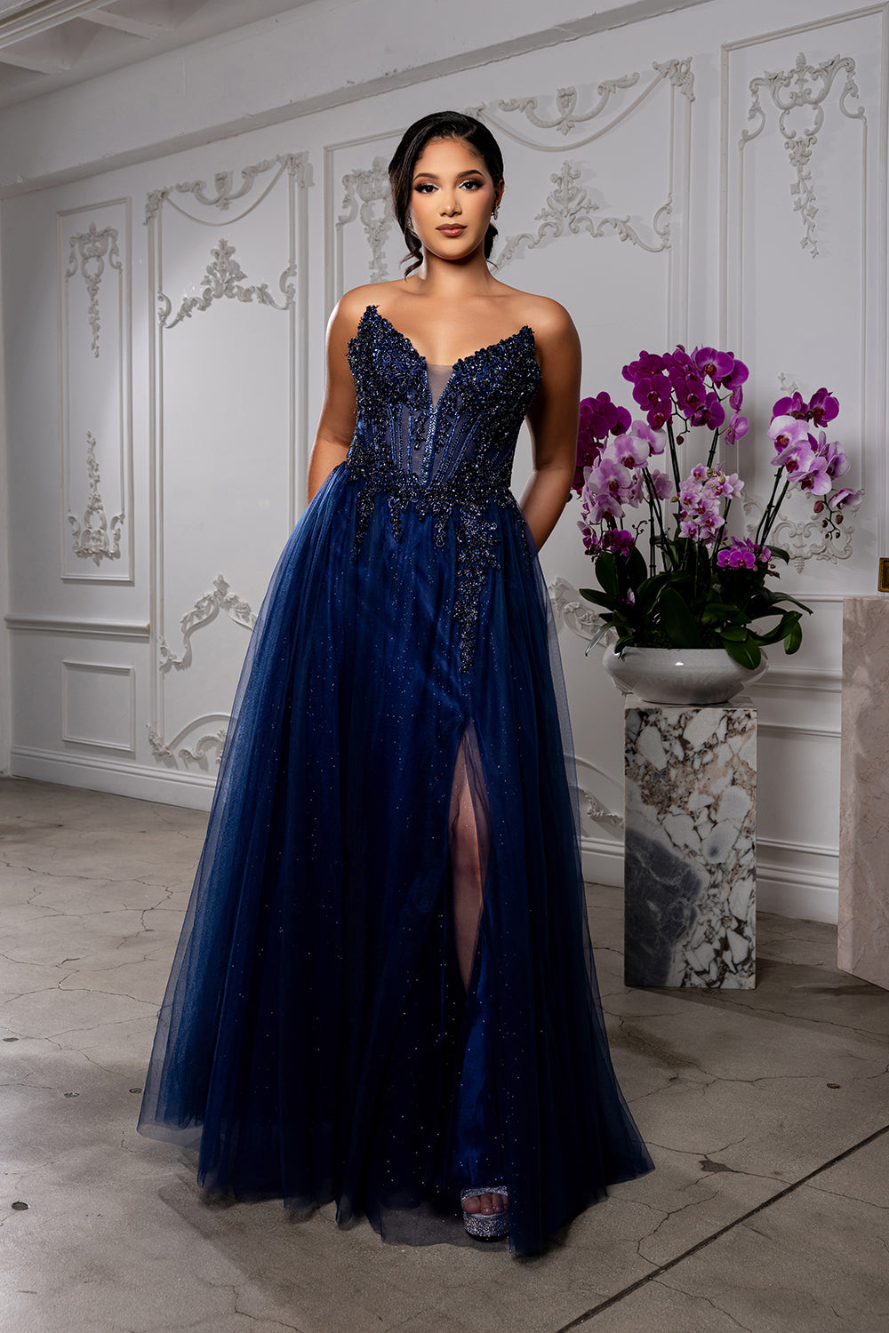 Elegant Beaded Corset Prom Dress with Tulle Skirt & Deep V-Neck Formal Gown by May Queen MQ2208