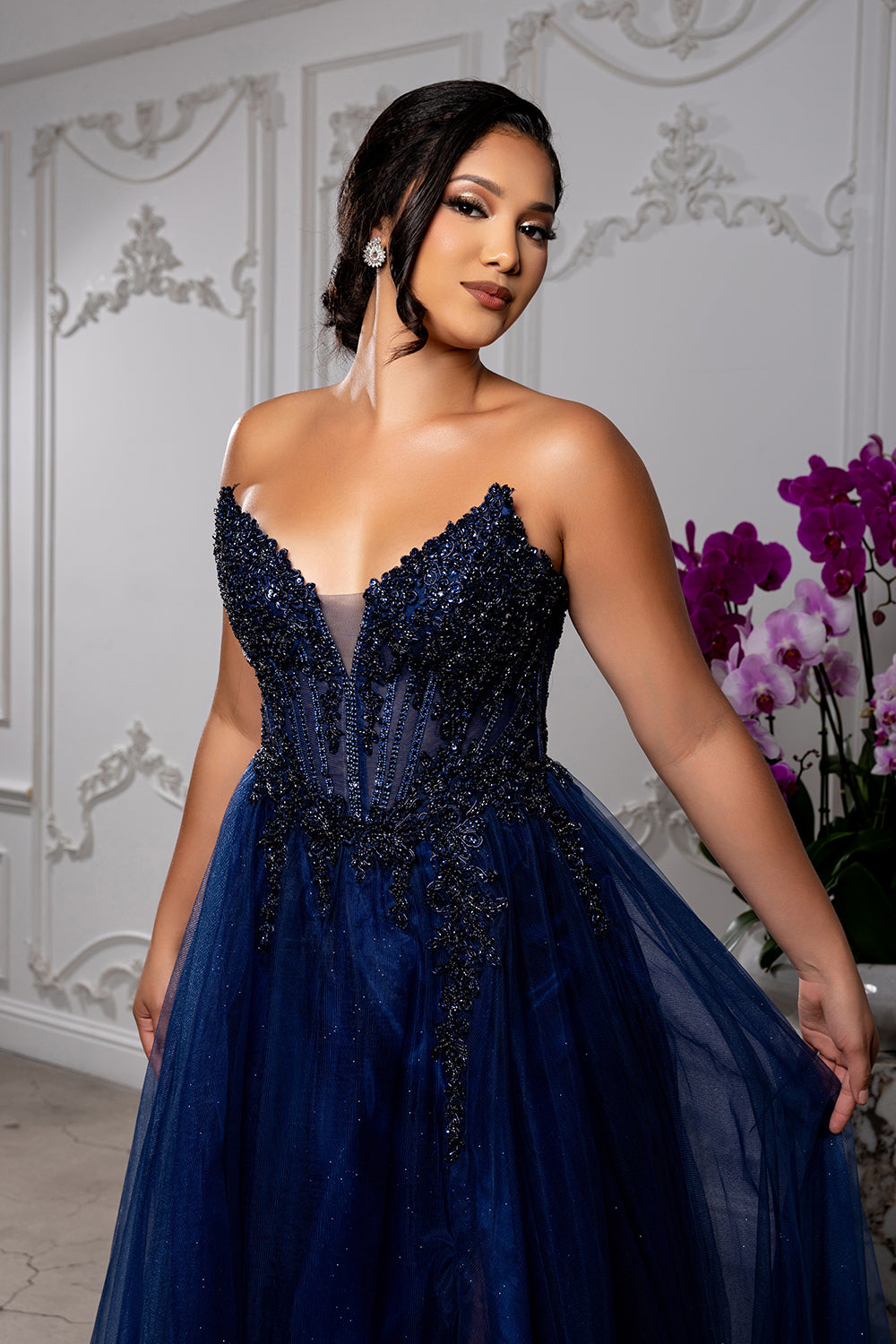 Elegant Beaded Corset Prom Dress with Tulle Skirt & Deep V-Neck Formal Gown by May Queen MQ2208