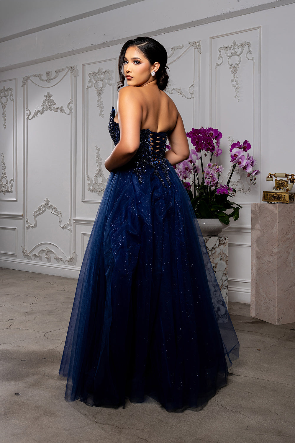 Elegant Beaded Corset Prom Dress with Tulle Skirt & Deep V-Neck Formal Gown by May Queen MQ2208