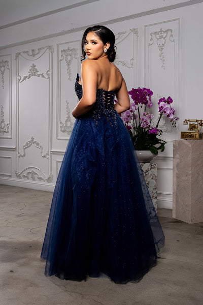 Elegant Beaded Corset Prom Dress with Tulle Skirt & Deep V-Neck Formal Gown by May Queen MQ2208