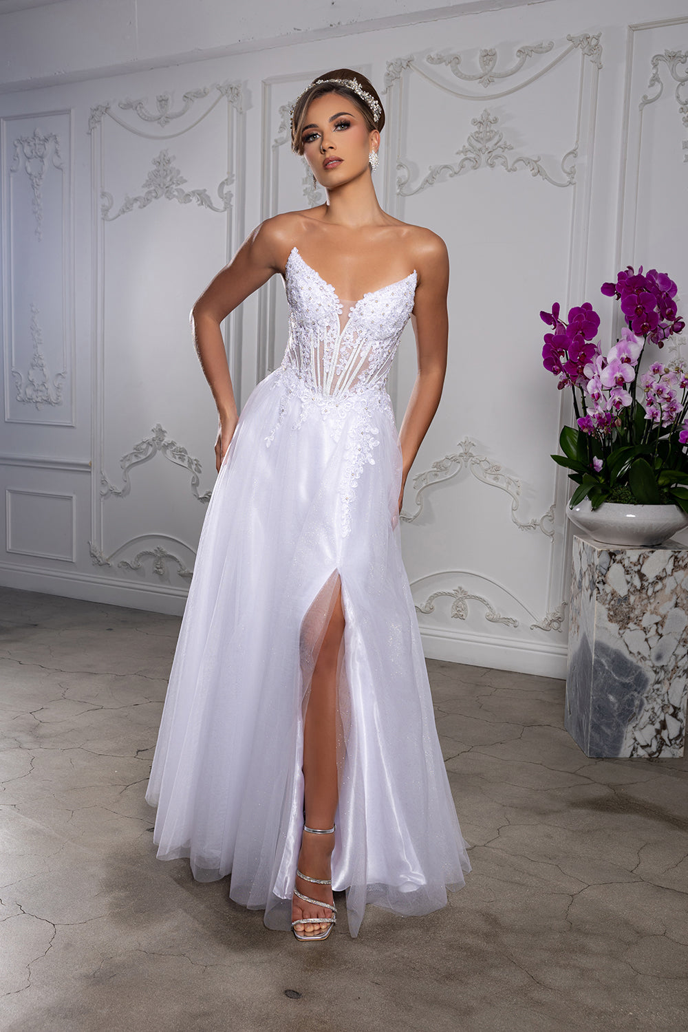 Strapless Lace Corset Wedding Dress with Tulle A-Line Skirt & High Slit Gown by May Queen MQ2208