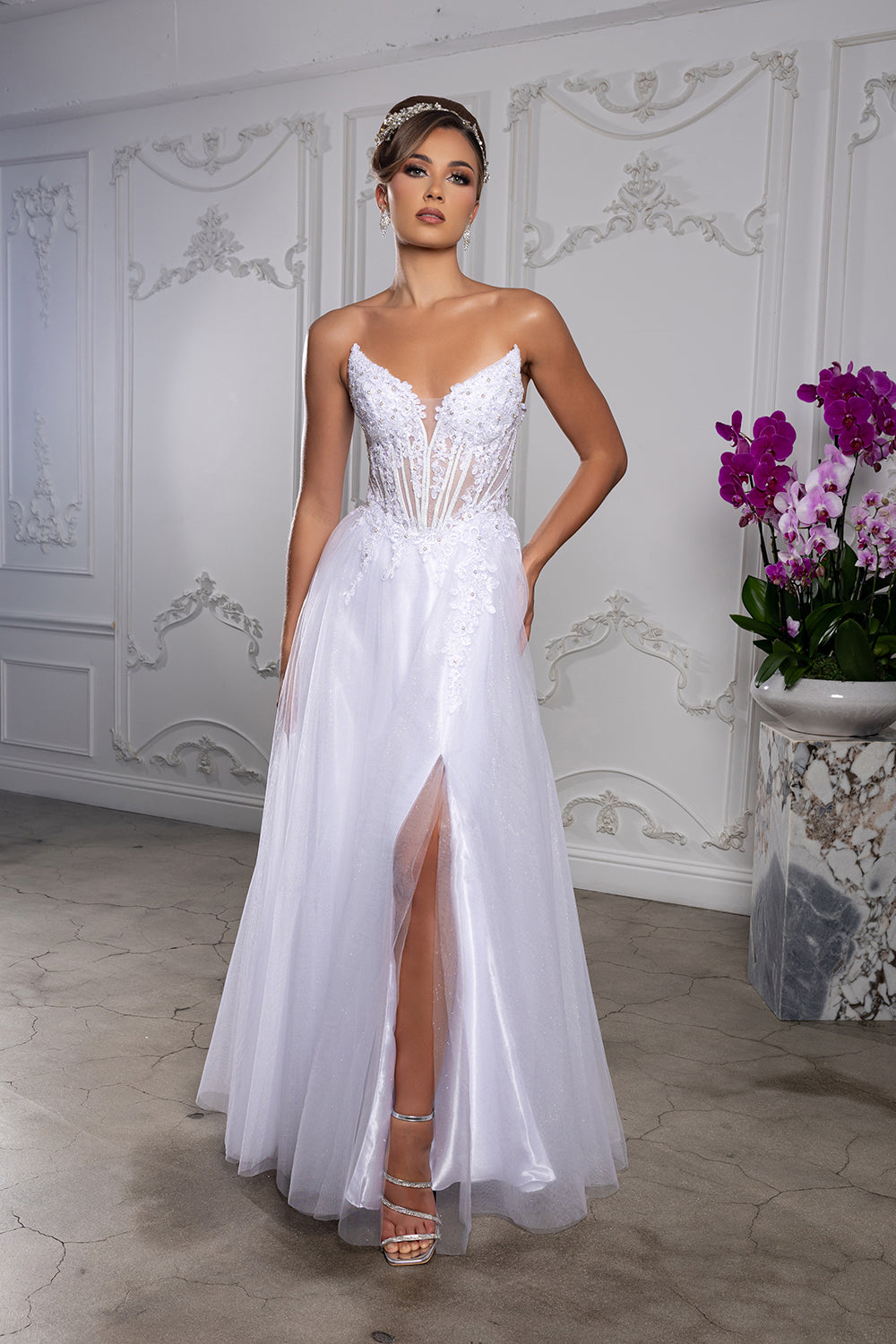 white tulle corset dress Wedding with Slit Gown by May Queen MQ2208 or elegant chapel vows Size:46 Portly Regular Rayon Lace wedding collection:icons-collectors-sale Bank on a Little