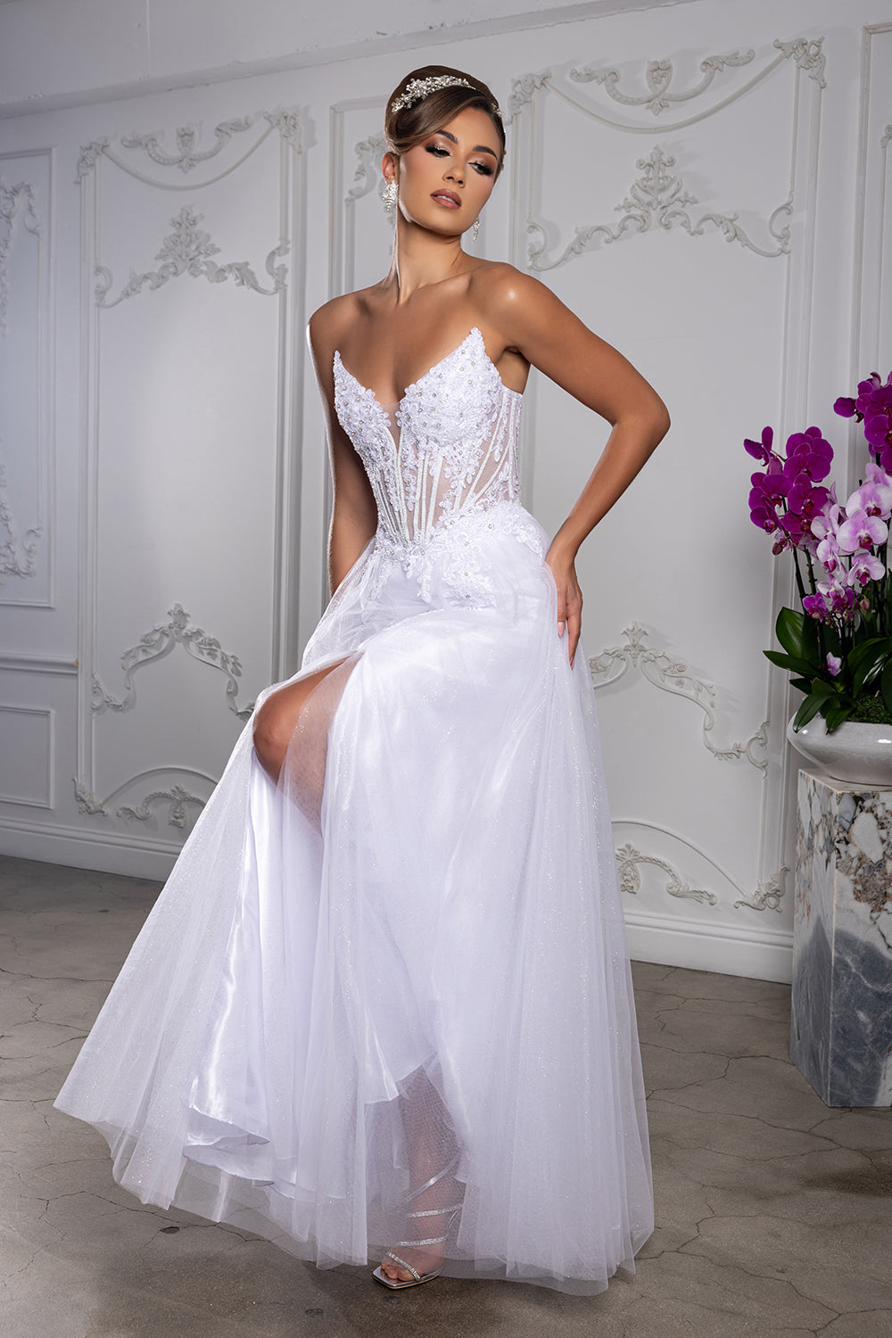 Strapless Lace Corset Wedding Dress with Tulle A-Line Skirt & High Slit Gown by May Queen MQ2208