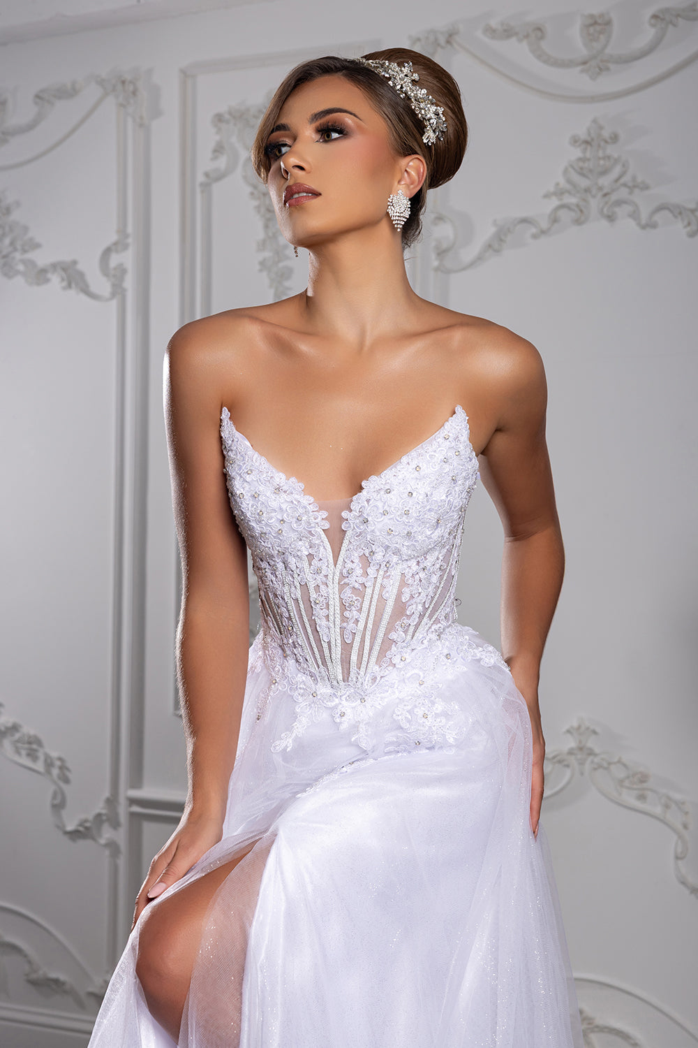 Strapless Lace Corset Wedding Dress with Tulle A-Line Skirt & High Slit Gown by May Queen MQ2208