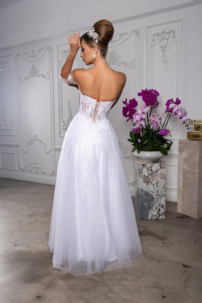 Strapless Lace Corset Wedding Dress with Tulle A-Line Skirt & High Slit Gown by May Queen MQ2208