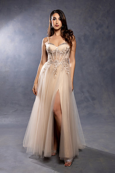 Elegant Lace Corset A-Line Prom Dress with Spaghetti Straps & Tulle Skirt by May Queen MQ2209