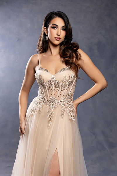 Elegant Lace Corset A-Line Prom Dress with Spaghetti Straps & Tulle Skirt by May Queen MQ2209