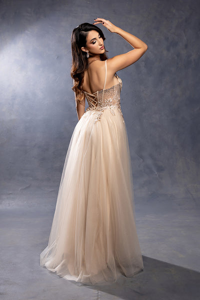 Elegant Lace Corset A-Line Prom Dress with Spaghetti Straps & Tulle Skirt by May Queen MQ2209