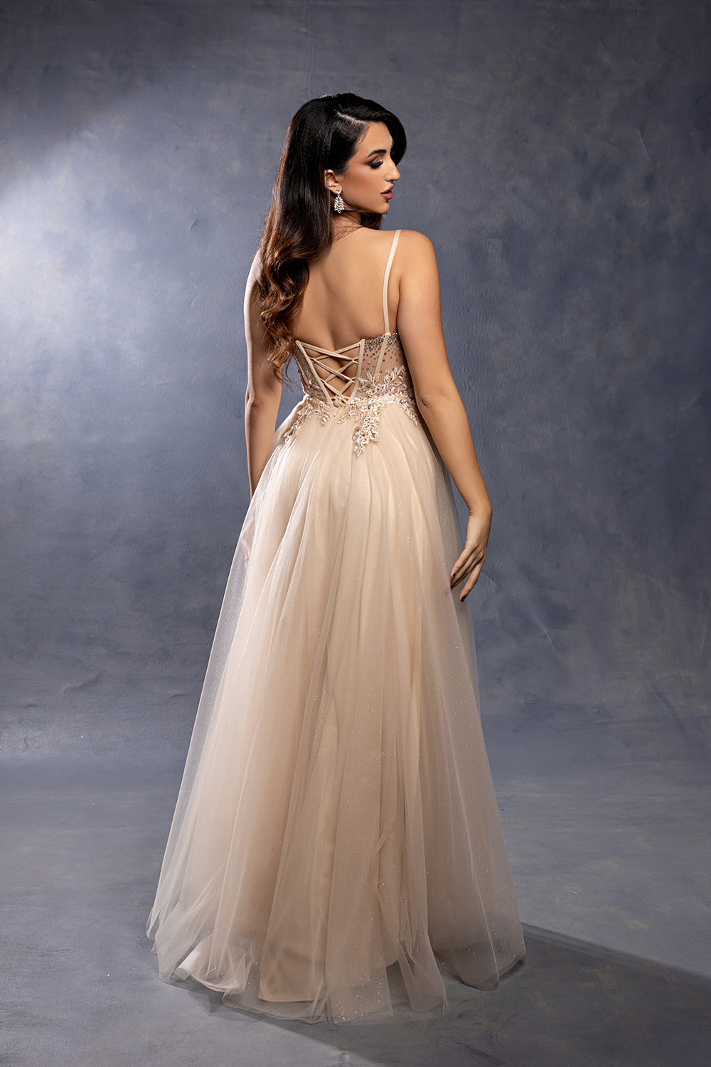 Elegant Lace Corset A-Line Prom Dress with Spaghetti Straps & Tulle Skirt by May Queen MQ2209