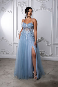 Elegant Lace Corset A-Line Prom Dress with Spaghetti Straps & Tulle Skirt by May Queen MQ2209