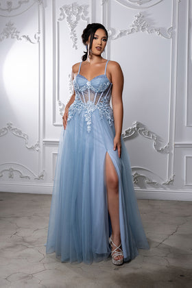 Elegant Lace Corset A-Line Prom Dress with Spaghetti Straps & Tulle Skirt by May Queen MQ2209