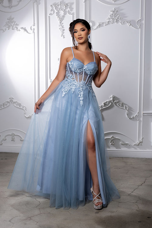 Elegant Lace Corset A-Line Prom Dress with Spaghetti Straps & Tulle Skirt by May Queen MQ2209