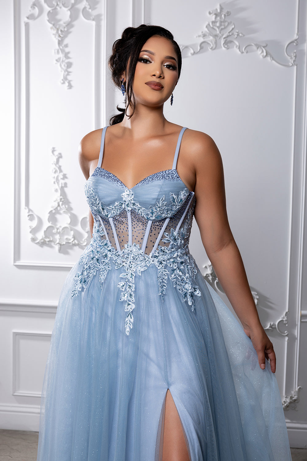Elegant Lace Corset A-Line Prom Dress with Spaghetti Straps & Tulle Skirt by May Queen MQ2209