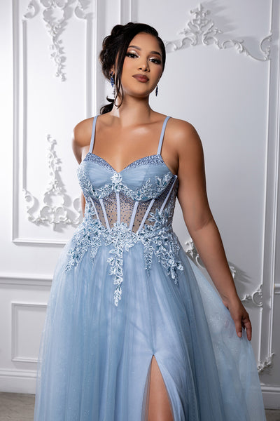 Elegant Lace Corset A-Line Prom Dress with Spaghetti Straps & Tulle Skirt by May Queen MQ2209