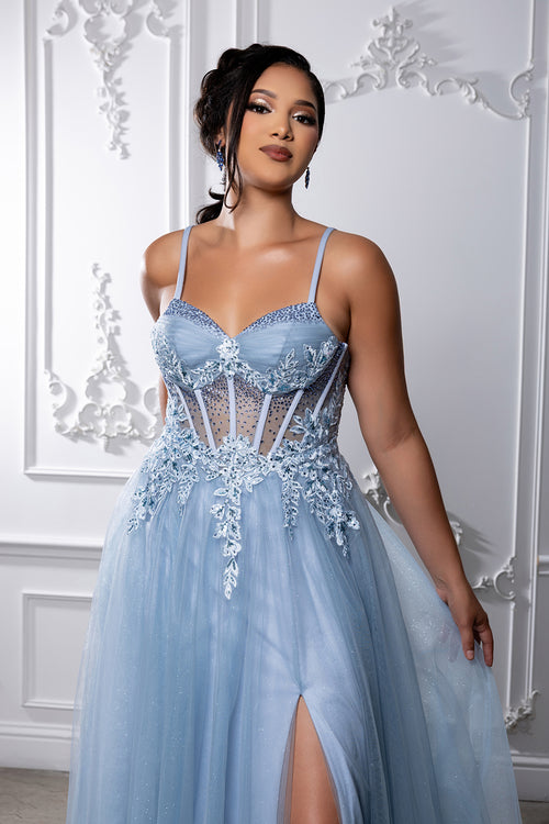 Elegant Lace Corset A-Line Prom Dress with Spaghetti Straps & Tulle Skirt by May Queen MQ2209